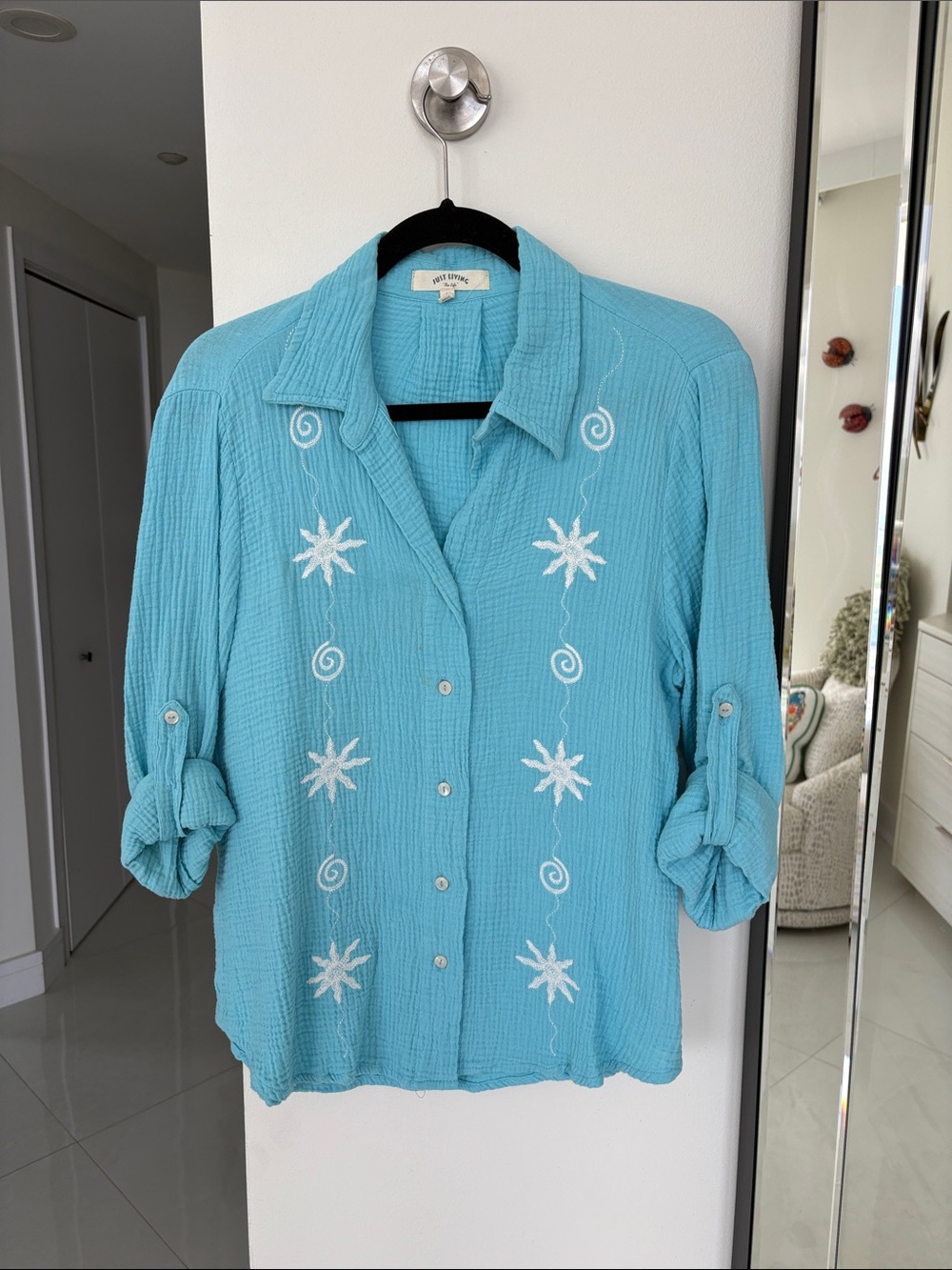 Just Living Turquoise Button-Down Shirt with White Embroidery